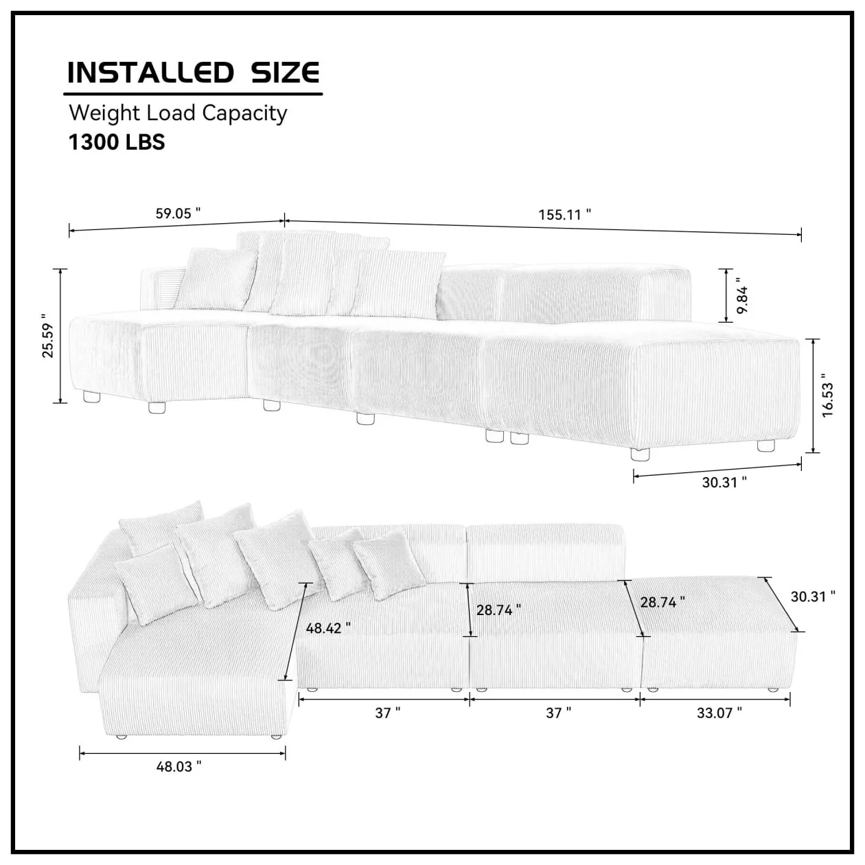 155" Sectional Modular Sofa, Modern L-Shaped Corduroy Upholstered Deep Seat Corner Sofa 4-Piece Set with Reversible Chaise