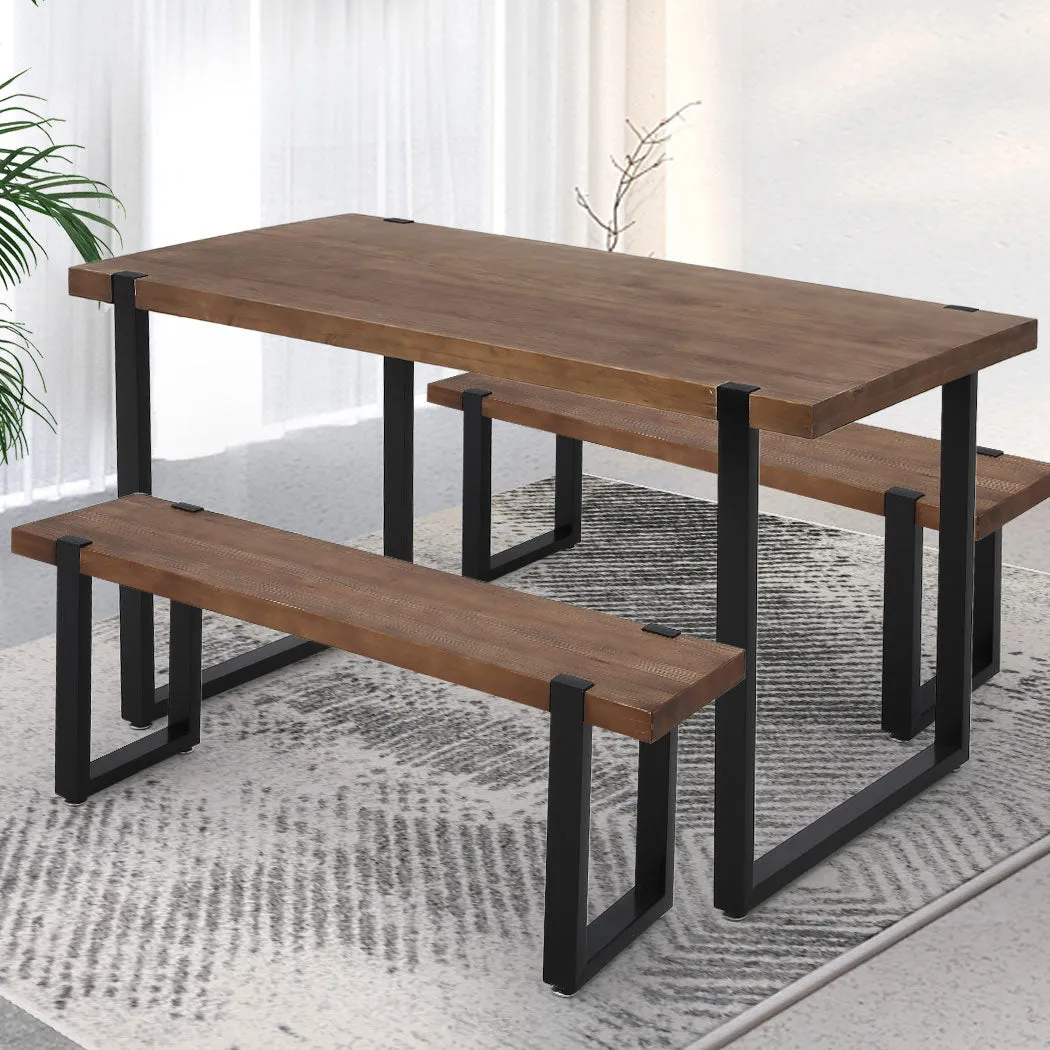 3-Piece Lucia Brown Dining Table & Chair Set Bench Industrial Cafe Restaurant