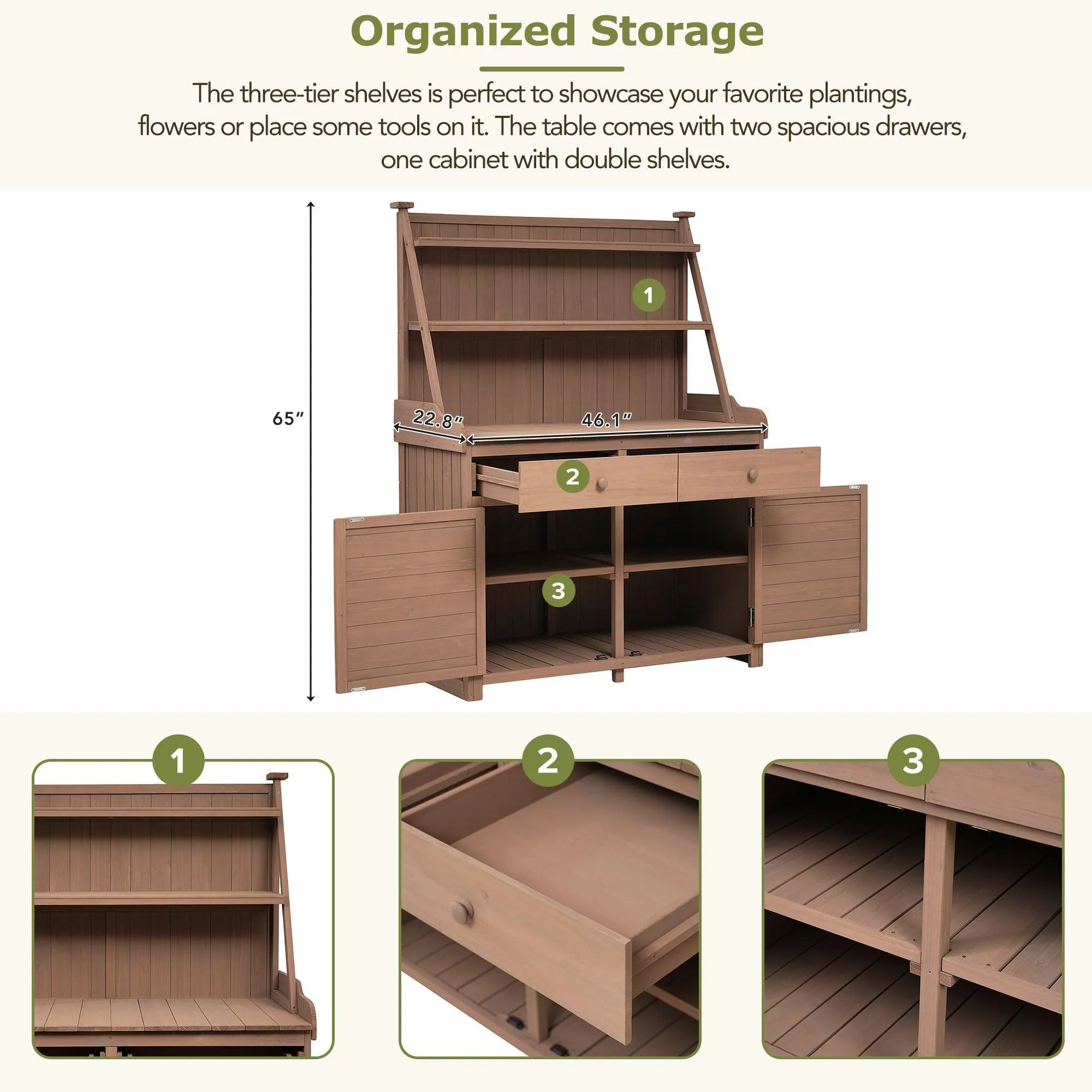 65" Garden Potting Bench Table: Fir Wood Workstation with Storage Shelf, Drawer, and Cabinet, Brown