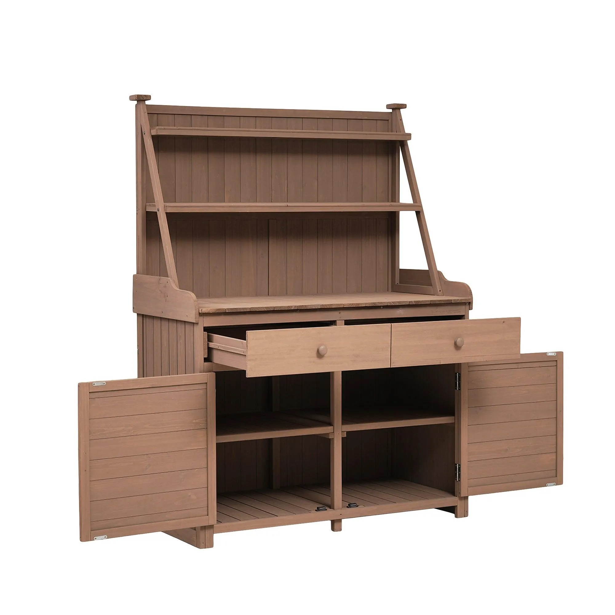 65" Garden Potting Bench Table: Fir Wood Workstation with Storage Shelf, Drawer, and Cabinet, Brown