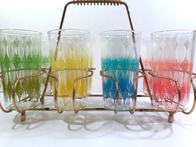 Anchor Hocking Mid-Century Rainbow Diamond Band Glasses With Carrier (Set of 8)