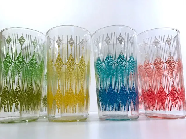 Anchor Hocking Mid-Century Rainbow Diamond Band Glasses With Carrier (Set of 8)