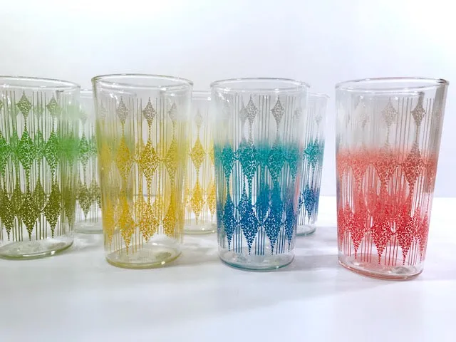 Anchor Hocking Mid-Century Rainbow Diamond Band Glasses With Carrier (Set of 8)