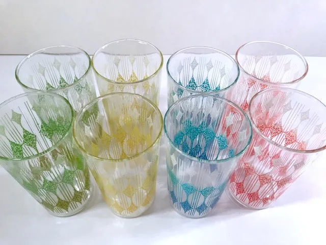 Anchor Hocking Mid-Century Rainbow Diamond Band Glasses With Carrier (Set of 8)