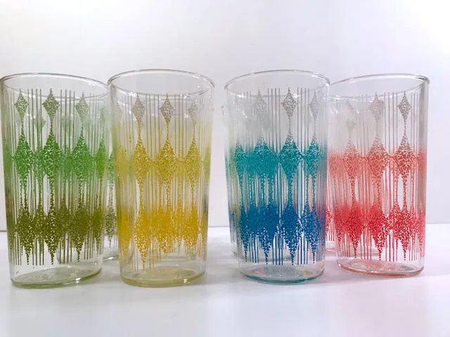 Anchor Hocking Mid-Century Rainbow Diamond Band Glasses With Carrier (Set of 8)