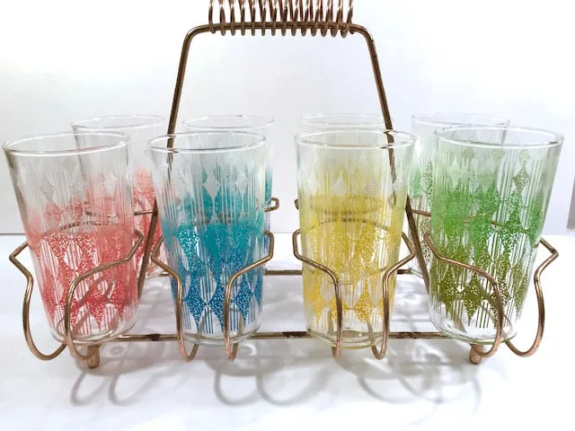 Anchor Hocking Mid-Century Rainbow Diamond Band Glasses With Carrier (Set of 8)