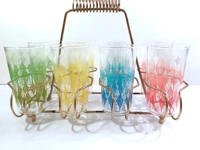 Anchor Hocking Mid-Century Rainbow Diamond Band Glasses With Carrier (Set of 8)