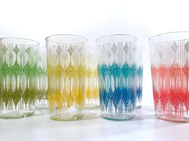 Anchor Hocking Mid-Century Rainbow Diamond Band Glasses With Carrier (Set of 8)