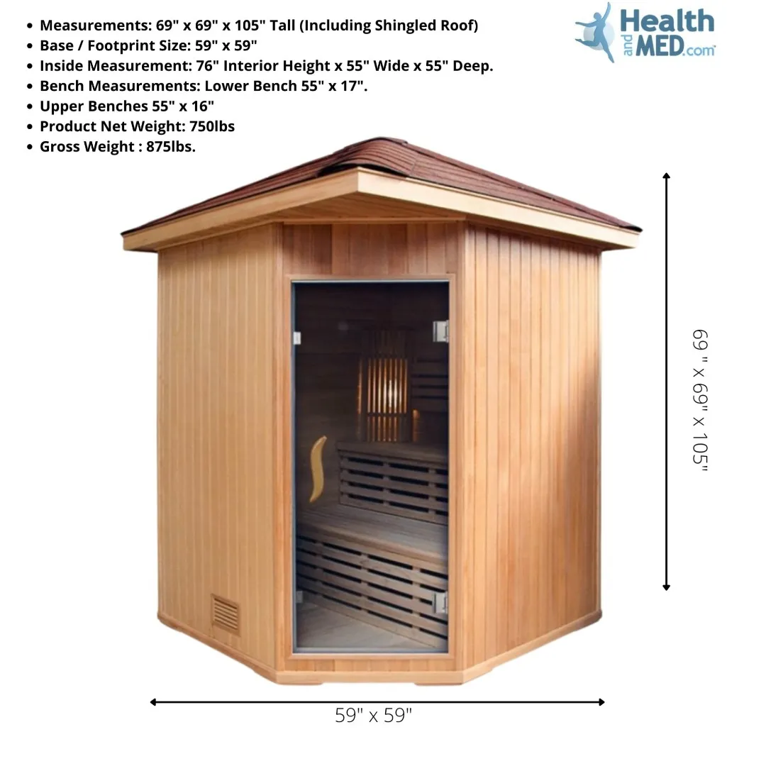 Canadian Hemlock Triple Bench Outdoor Wet/Dry Traditional Sauna Spa for 4 to 6 Person - 9KW upgrade