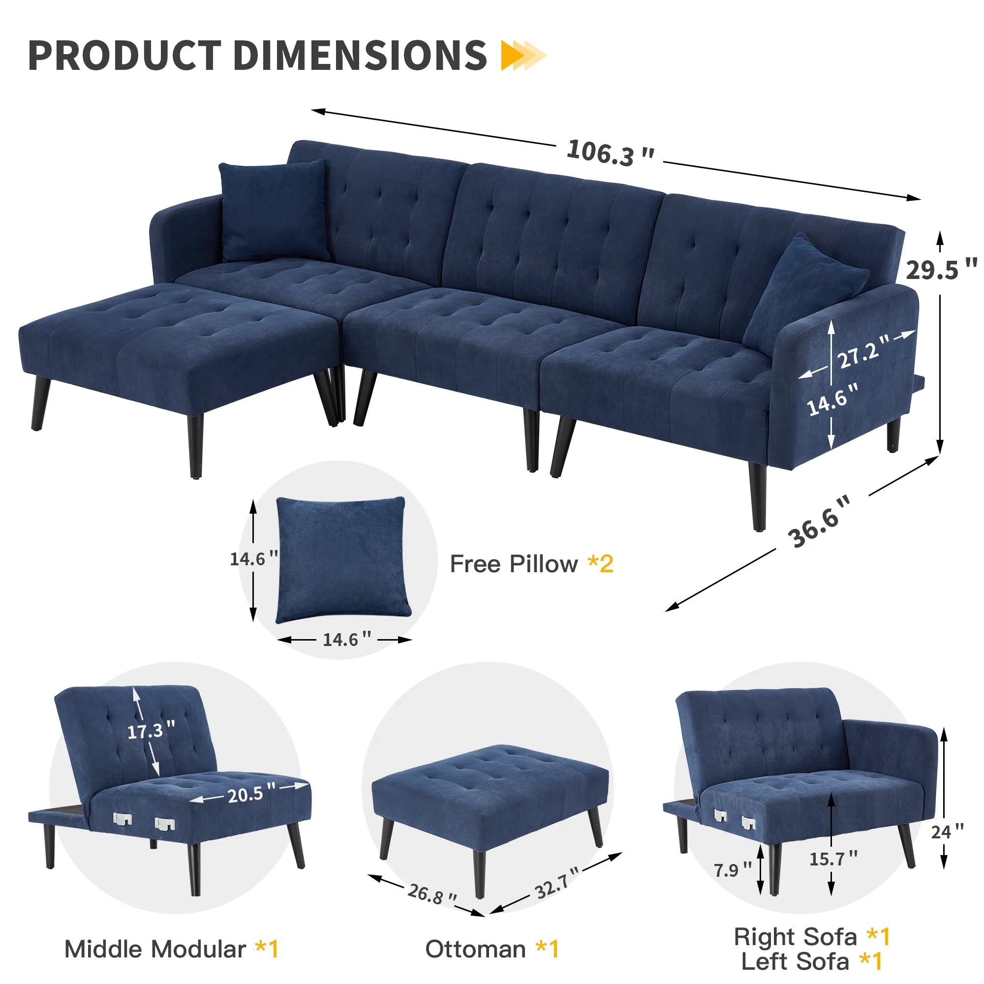 Convertible Sectional Sofa Bed with Adjustable Backrest and Ottoman, Blue