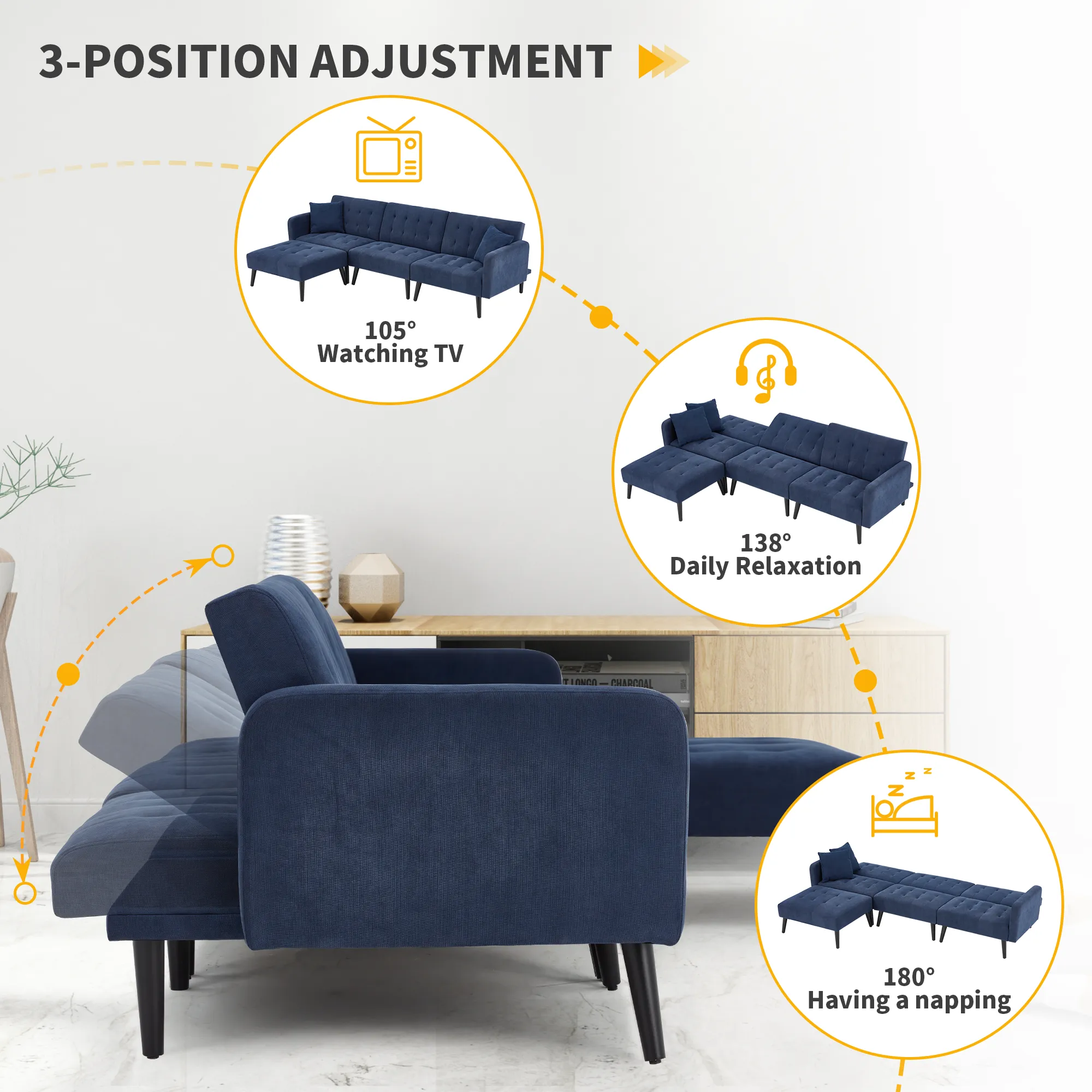 Convertible Sectional Sofa Bed with Adjustable Backrest and Ottoman, Blue