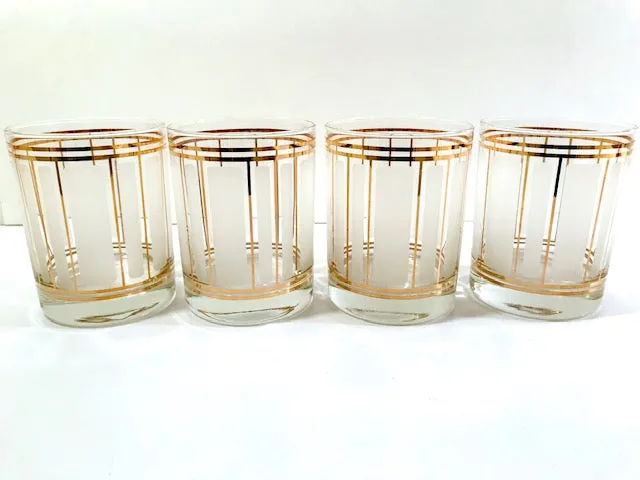 Culver Mid-Century 22-Karat Gold and Frosted Stripes Double Old Fashion Glasses (Set of 4)