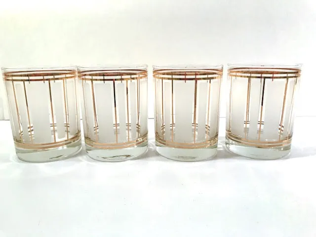 Culver Mid-Century 22-Karat Gold and Frosted Stripes Double Old Fashion Glasses (Set of 4)