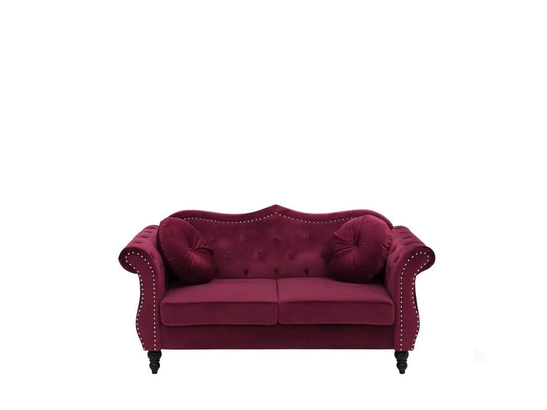 ES ESPINHO ESPN0020 Solid Sal Wood Velvet Upholstered Button Tufted Chesterfield 2 Seater Sofa Set for Living Room, Burgundy Color