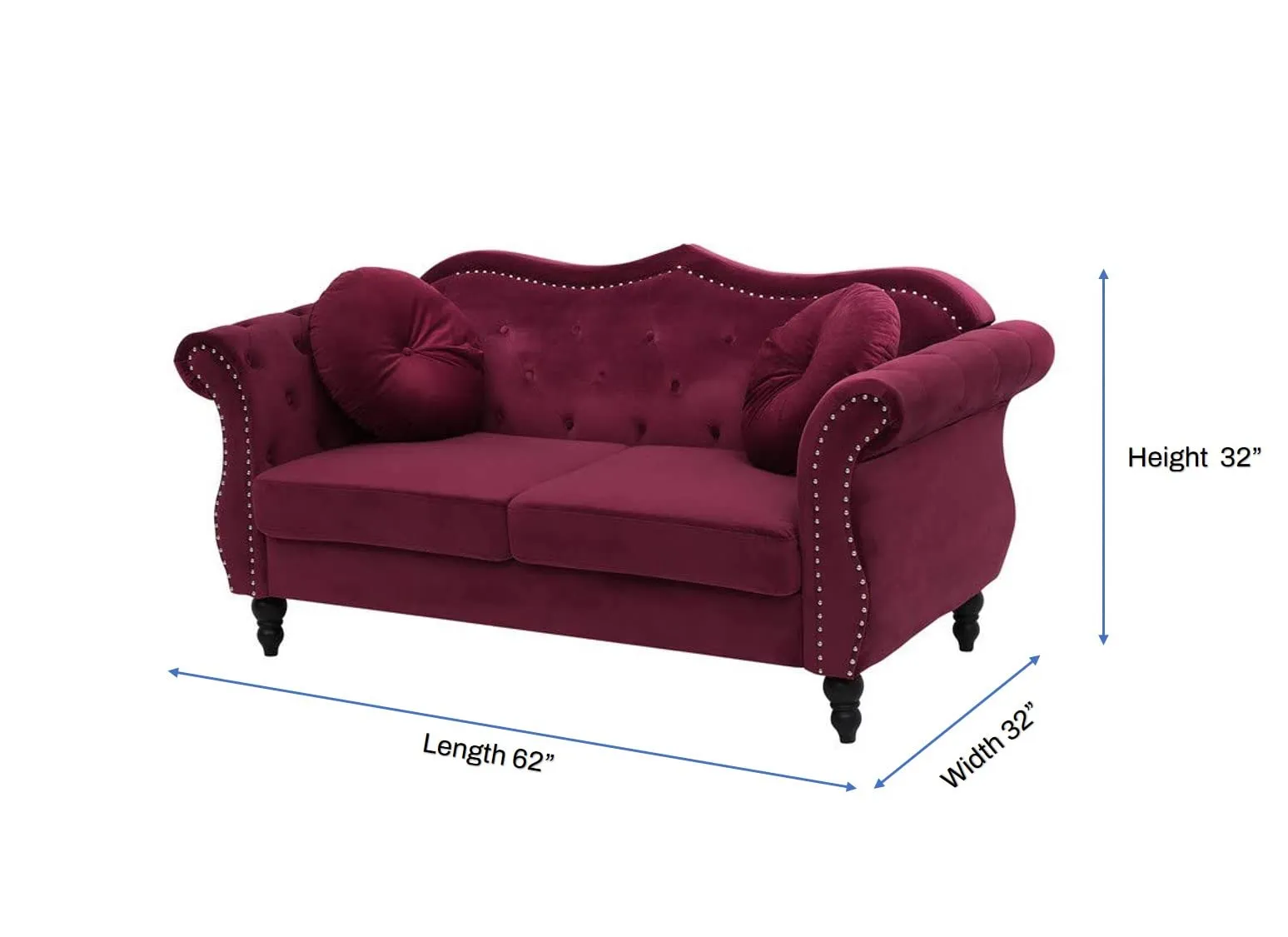 ES ESPINHO ESPN0020 Solid Sal Wood Velvet Upholstered Button Tufted Chesterfield 2 Seater Sofa Set for Living Room, Burgundy Color