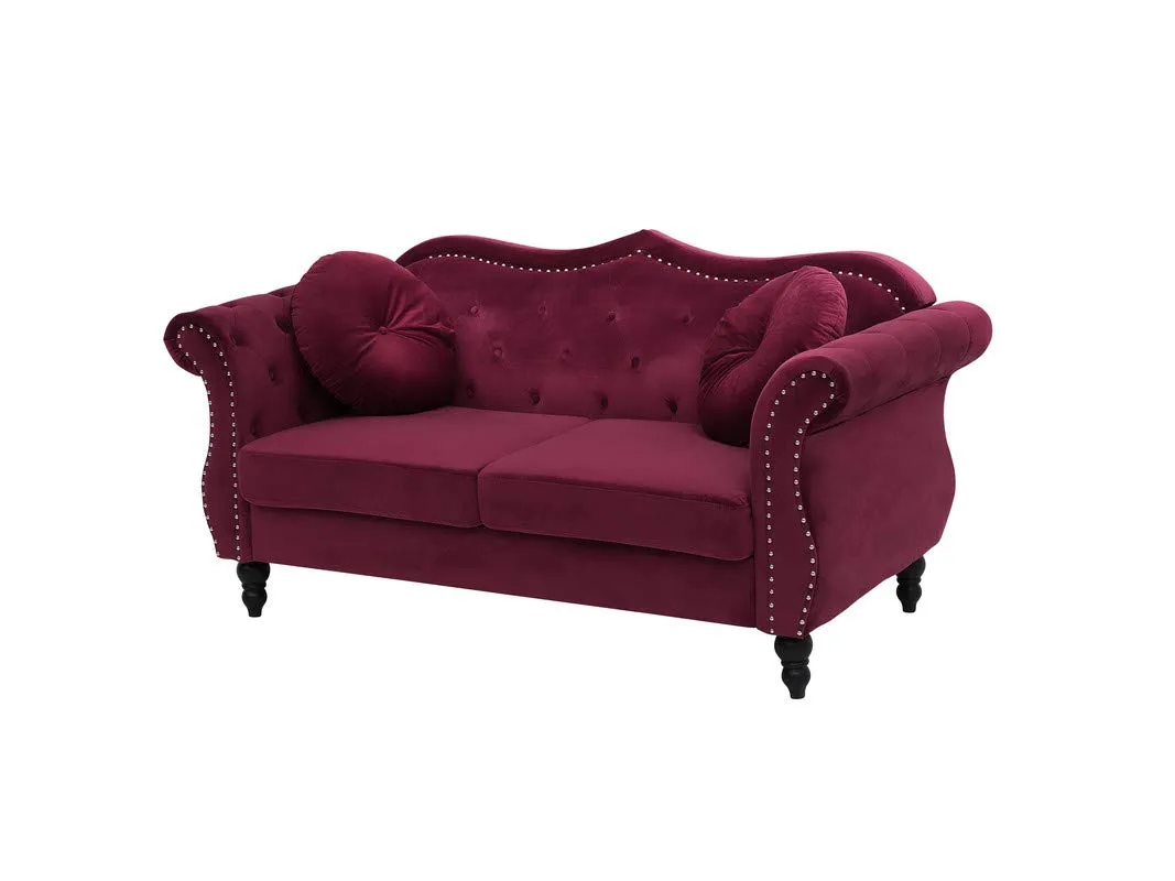 ES ESPINHO ESPN0020 Solid Sal Wood Velvet Upholstered Button Tufted Chesterfield 2 Seater Sofa Set for Living Room, Burgundy Color