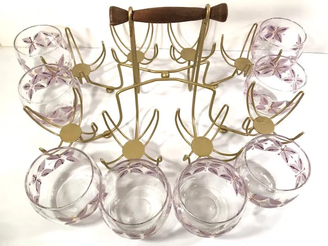 Federal Glass Mid-Century Gold and Lavender Roly Poly Glasses with Atomic Carrier (Set of 8)