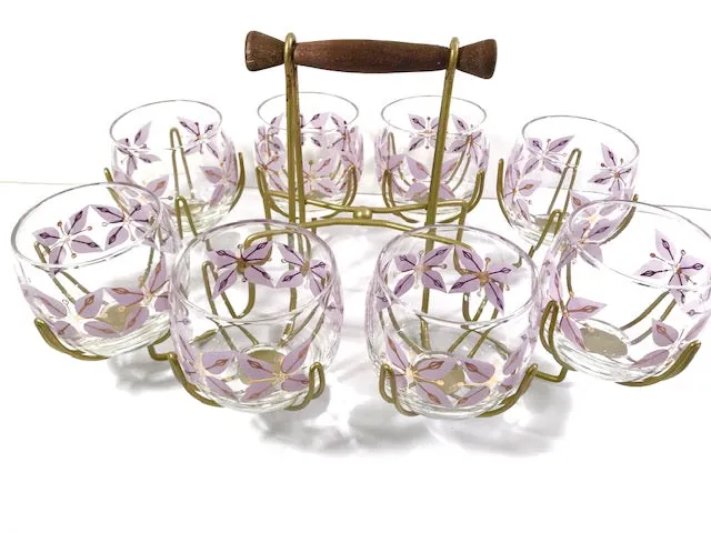 Federal Glass Mid-Century Gold and Lavender Roly Poly Glasses with Atomic Carrier (Set of 8)