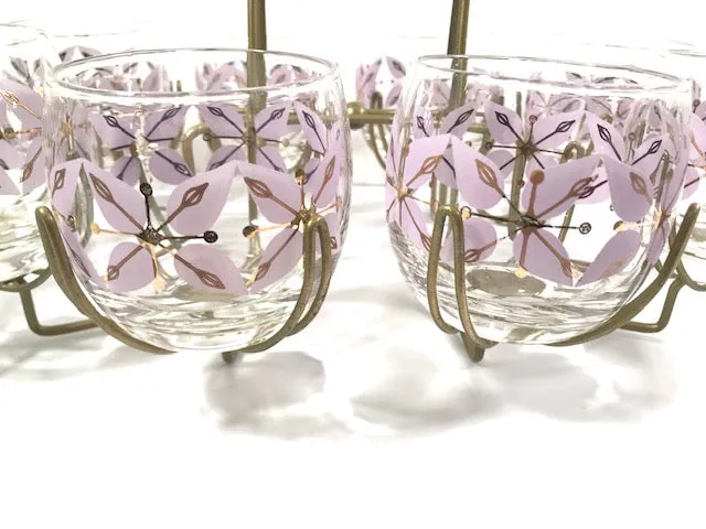 Federal Glass Mid-Century Gold and Lavender Roly Poly Glasses with Atomic Carrier (Set of 8)