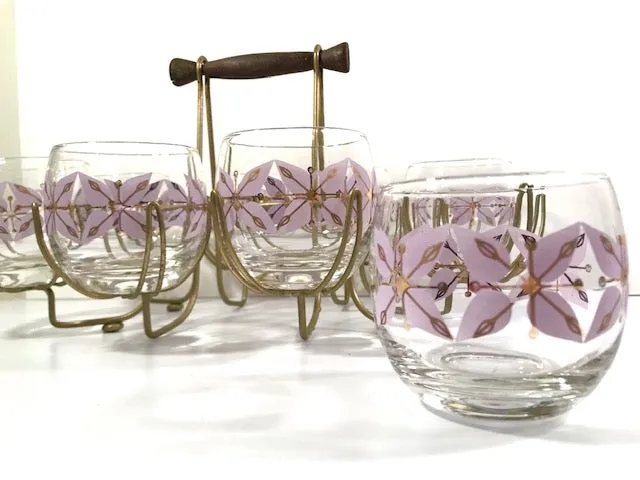 Federal Glass Mid-Century Gold and Lavender Roly Poly Glasses with Atomic Carrier (Set of 8)