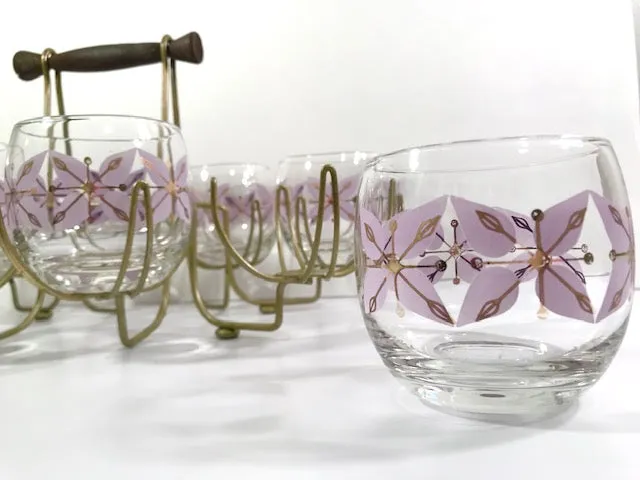 Federal Glass Mid-Century Gold and Lavender Roly Poly Glasses with Atomic Carrier (Set of 8)