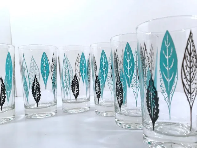 Federal Glass Mid-Century Turquoise and Black Leaves Glasses (Set of 6)