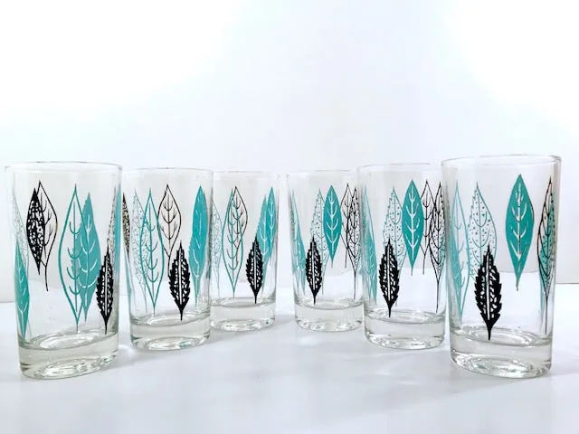 Federal Glass Mid-Century Turquoise and Black Leaves Glasses (Set of 6)