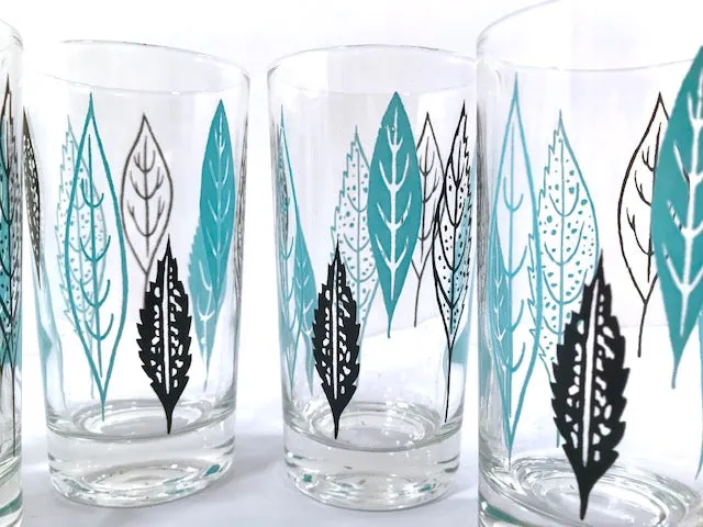 Federal Glass Mid-Century Turquoise and Black Leaves Glasses (Set of 6)