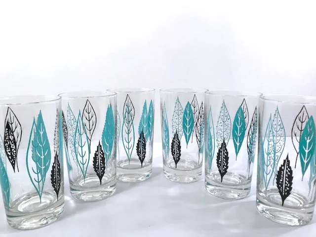 Federal Glass Mid-Century Turquoise and Black Leaves Glasses (Set of 6)