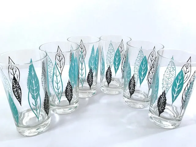 Federal Glass Mid-Century Turquoise and Black Leaves Glasses (Set of 6)