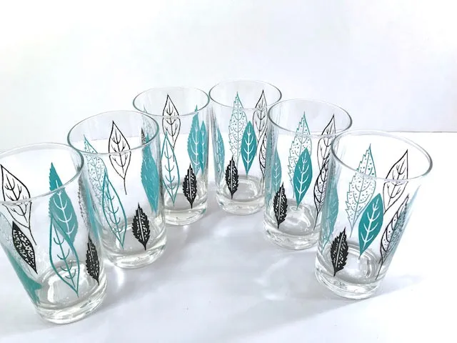 Federal Glass Mid-Century Turquoise and Black Leaves Glasses (Set of 6)