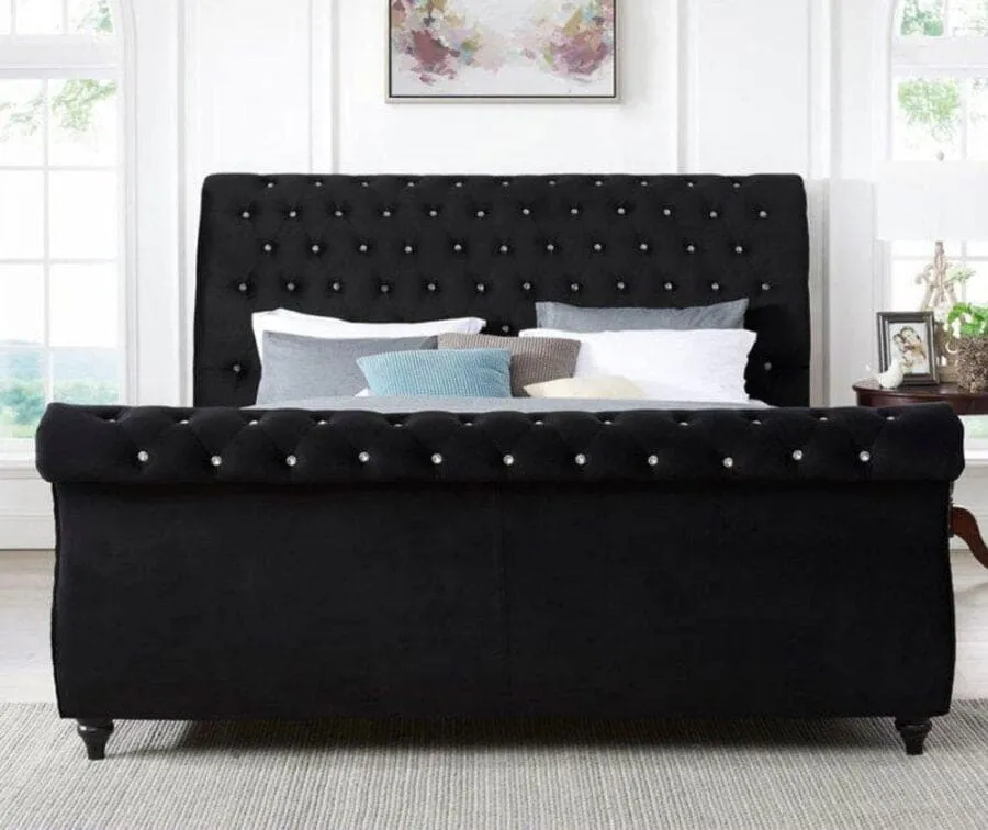 Figure It Out Velvet Black Crystal Button-tufted Sleigh Bed