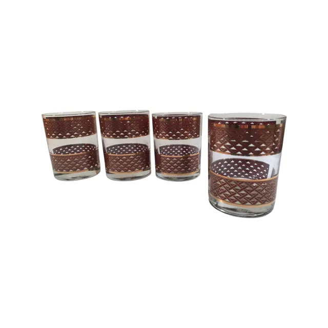 Georges Briard Signed Mid-Century Golden Weave Double Old Fashion Glasses (Set of 4)