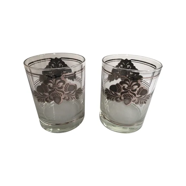 Georges Briard Signed Mid-Century Silver Acorn Double Old Fashion Glasses (Set of 2)