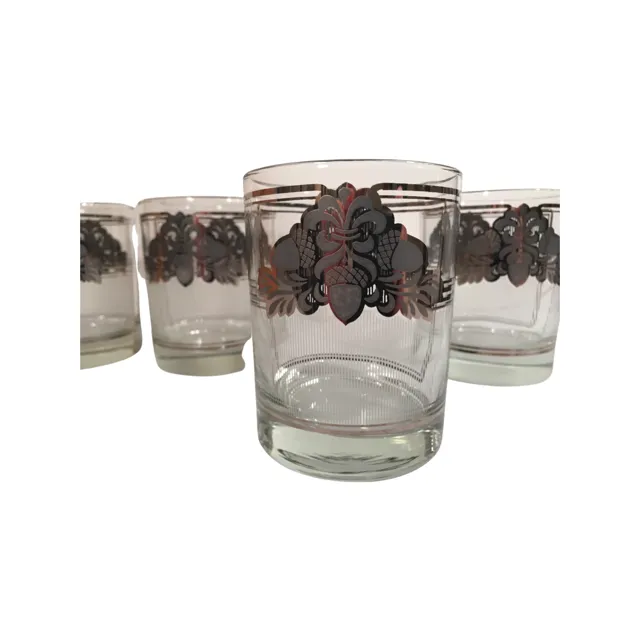 Georges Briard Signed Mid-Century Silver Acorn Double Old Fashion Glasses (Set of 4)