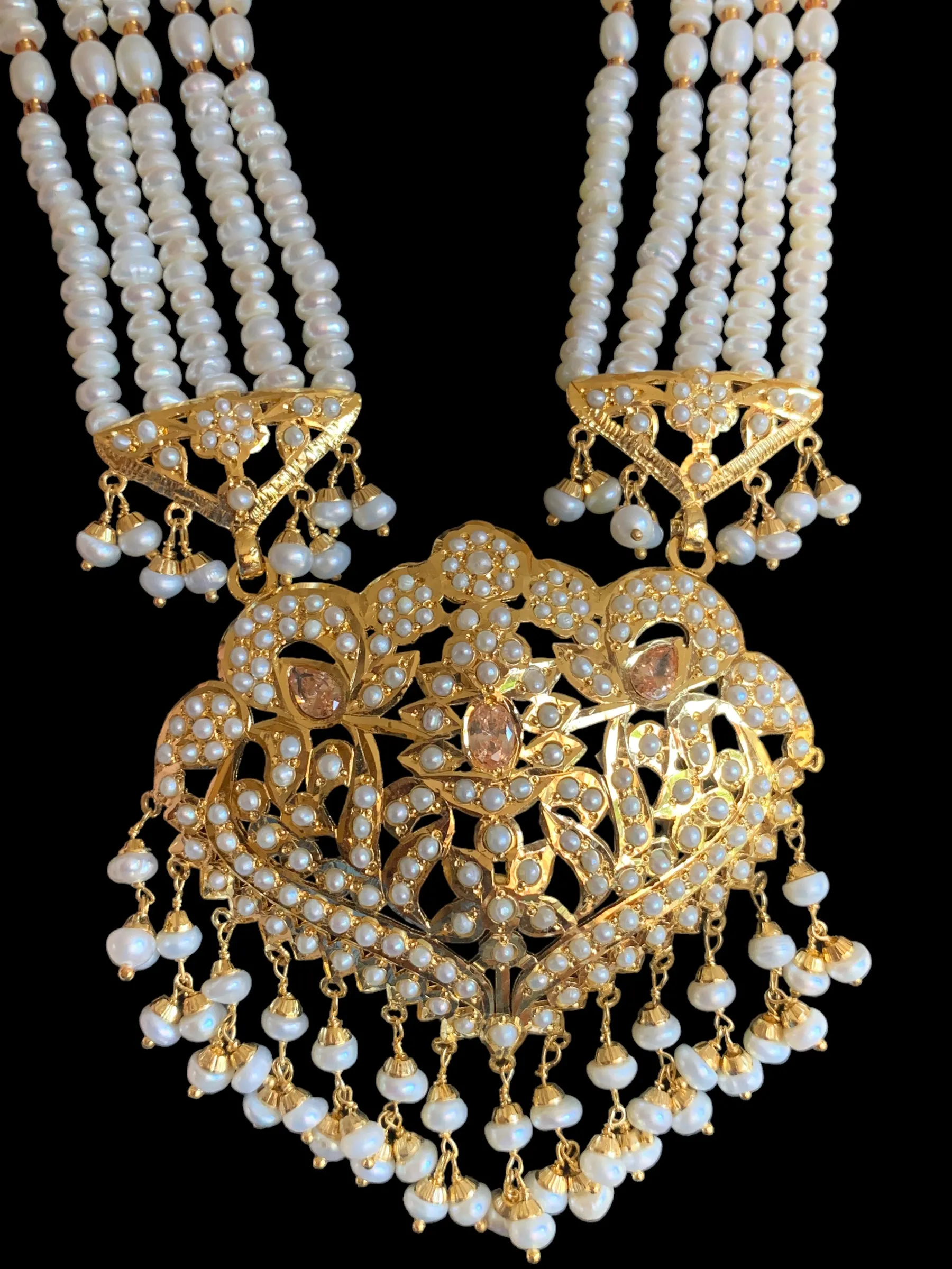 Gold plated silver rani haar in fresh water pearls ( READY TO SHIP)