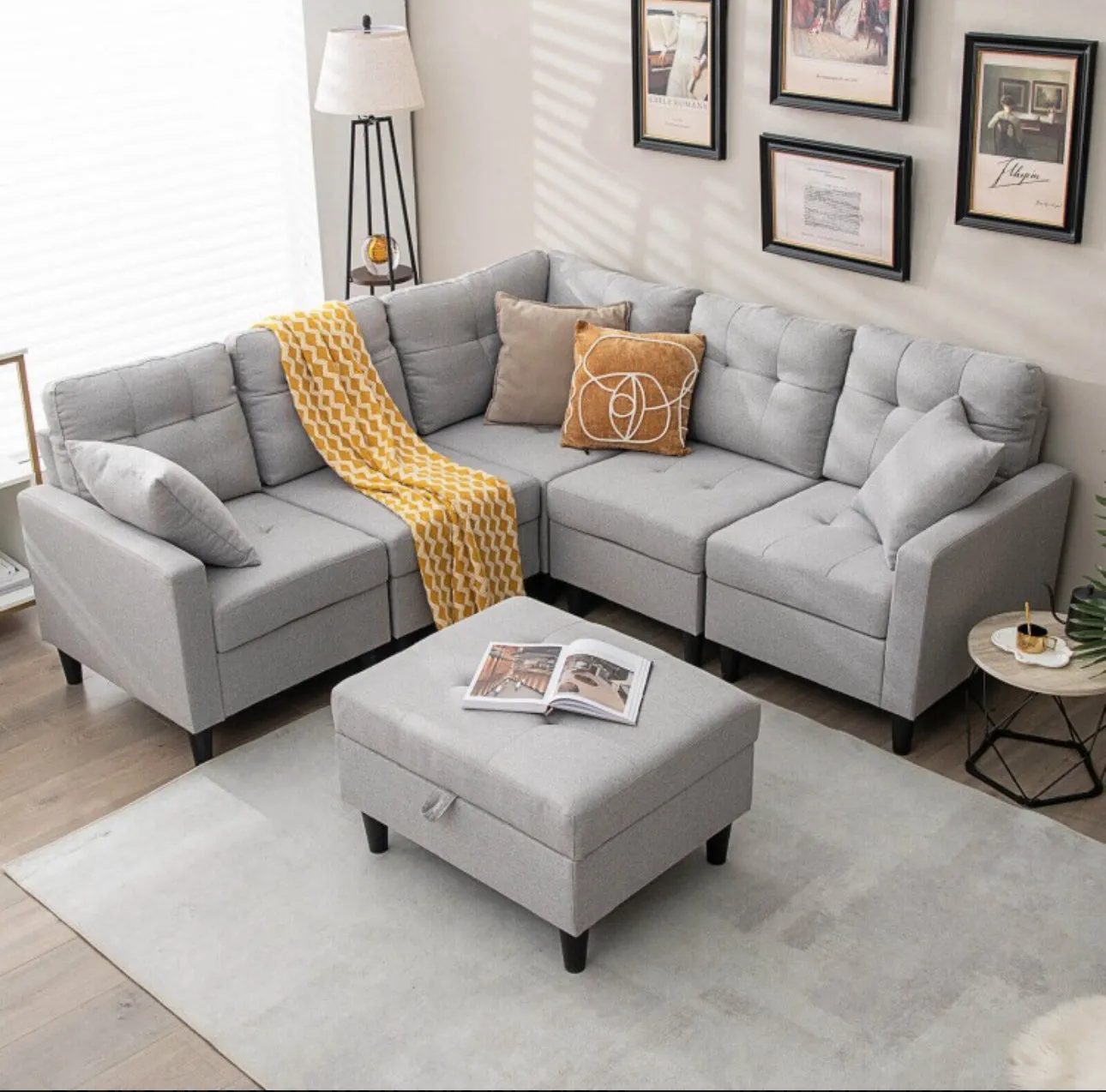 Gorgeous Heavy Duty Relaxing L-Shaped Sectional Corner Sofa Couch Set With Storage Ottoman | Wide Armrest | Thick Cushions | Tufted Design