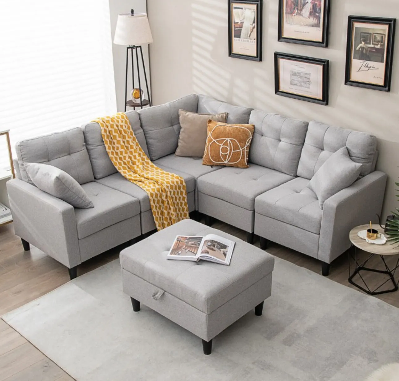 Gorgeous Heavy Duty Relaxing L-Shaped Sectional Corner Sofa Couch Set With Storage Ottoman | Wide Armrest | Thick Cushions | Tufted Design