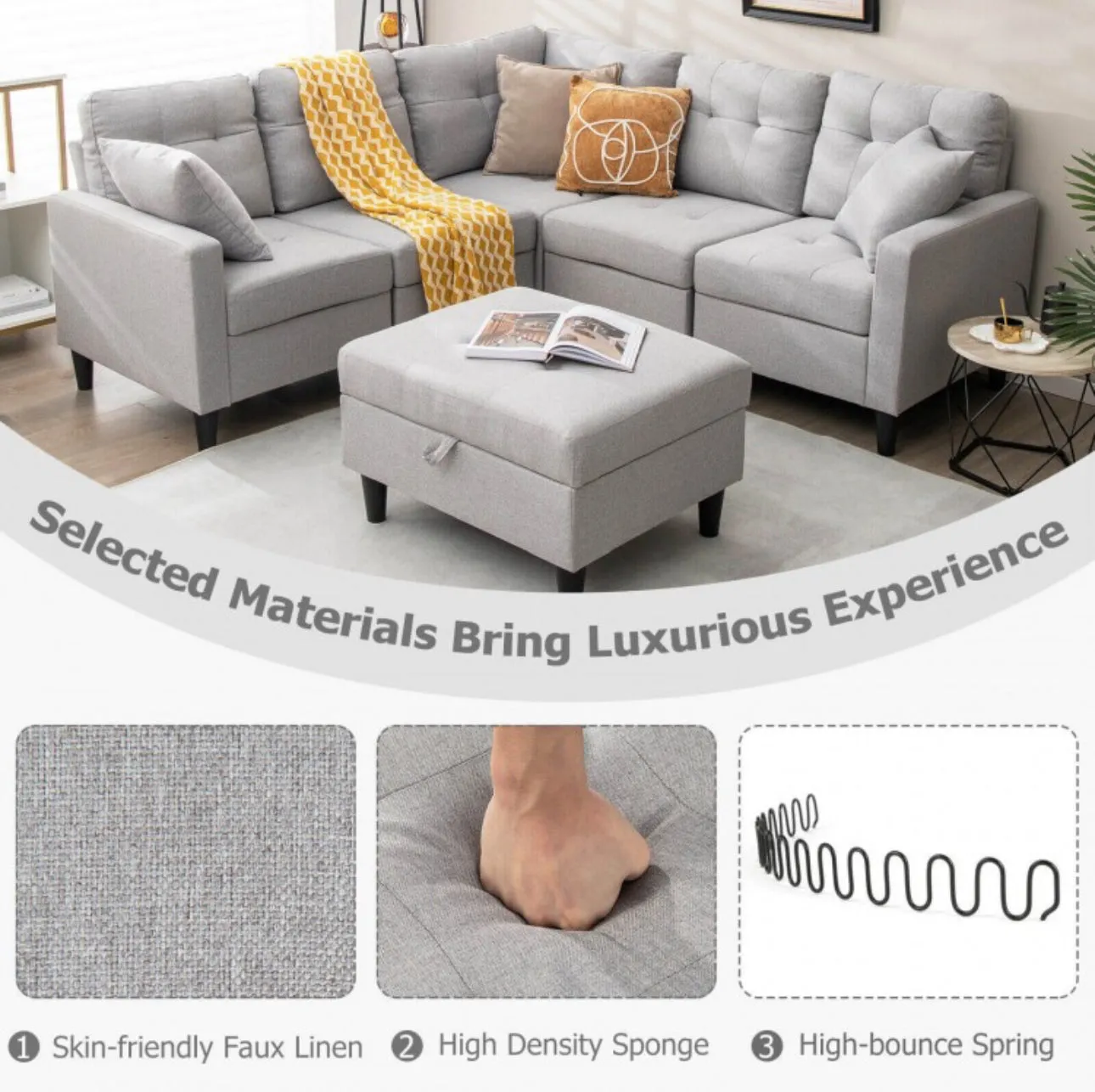 Gorgeous Heavy Duty Relaxing L-Shaped Sectional Corner Sofa Couch Set With Storage Ottoman | Wide Armrest | Thick Cushions | Tufted Design