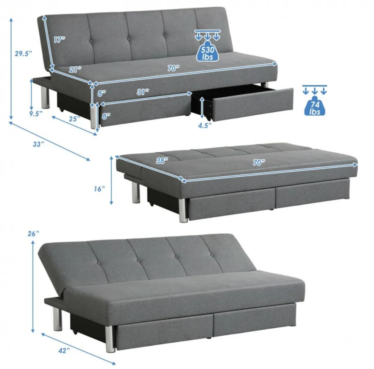 Heavy Duty Modern Built For Comfort Spacious 3 Seater | Convertible Sofa Couch Bed With 2 Large Drawers, 3 Adjustable Angles | Holds 530 lbs | 3 Settings