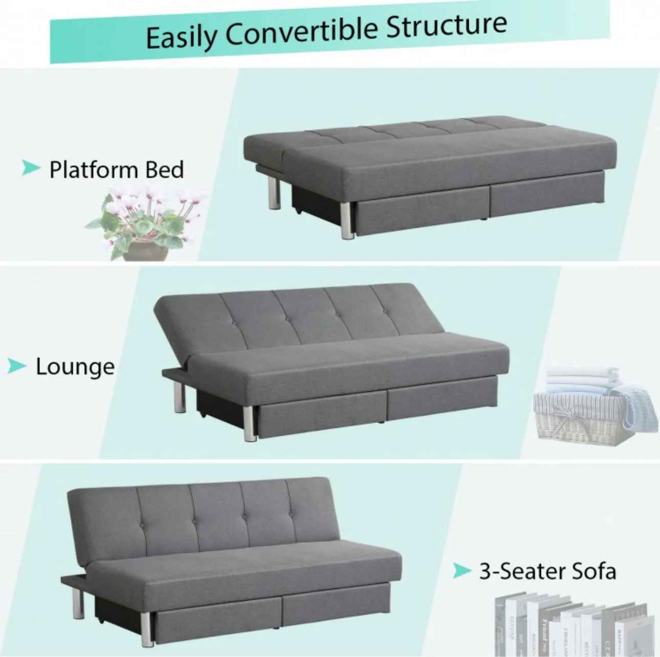 Heavy Duty Modern Built For Comfort Spacious 3 Seater | Convertible Sofa Couch Bed With 2 Large Drawers, 3 Adjustable Angles | Holds 530 lbs | 3 Settings