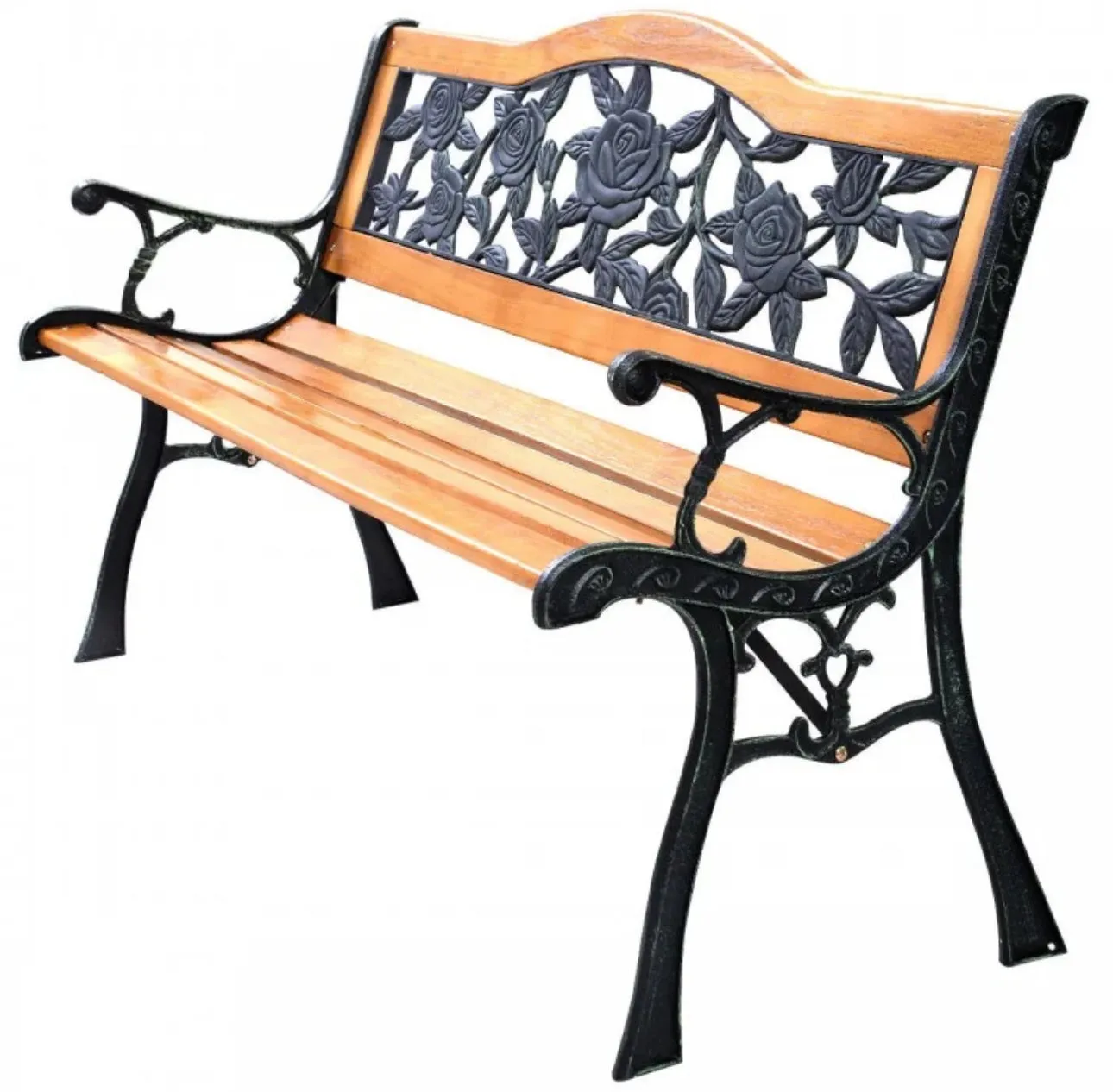 Heavy Duty Outdoor Cast Iron & Wood Patio Bench | Rose Style | Waterproof Coating | Holds 463 lbs