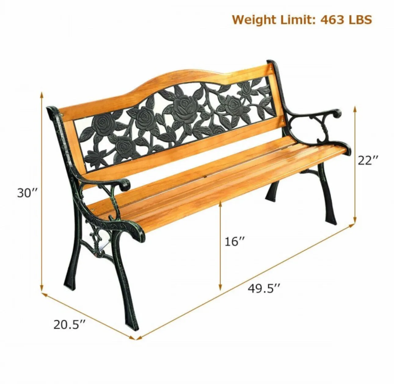 Heavy Duty Outdoor Cast Iron & Wood Patio Bench | Rose Style | Waterproof Coating | Holds 463 lbs