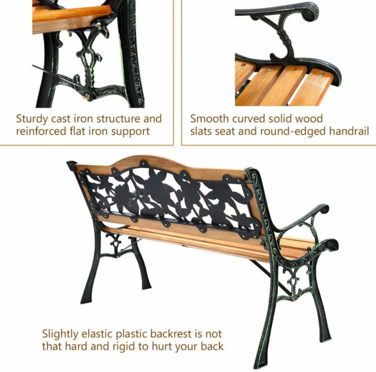 Heavy Duty Outdoor Cast Iron & Wood Patio Bench | Rose Style | Waterproof Coating | Holds 463 lbs