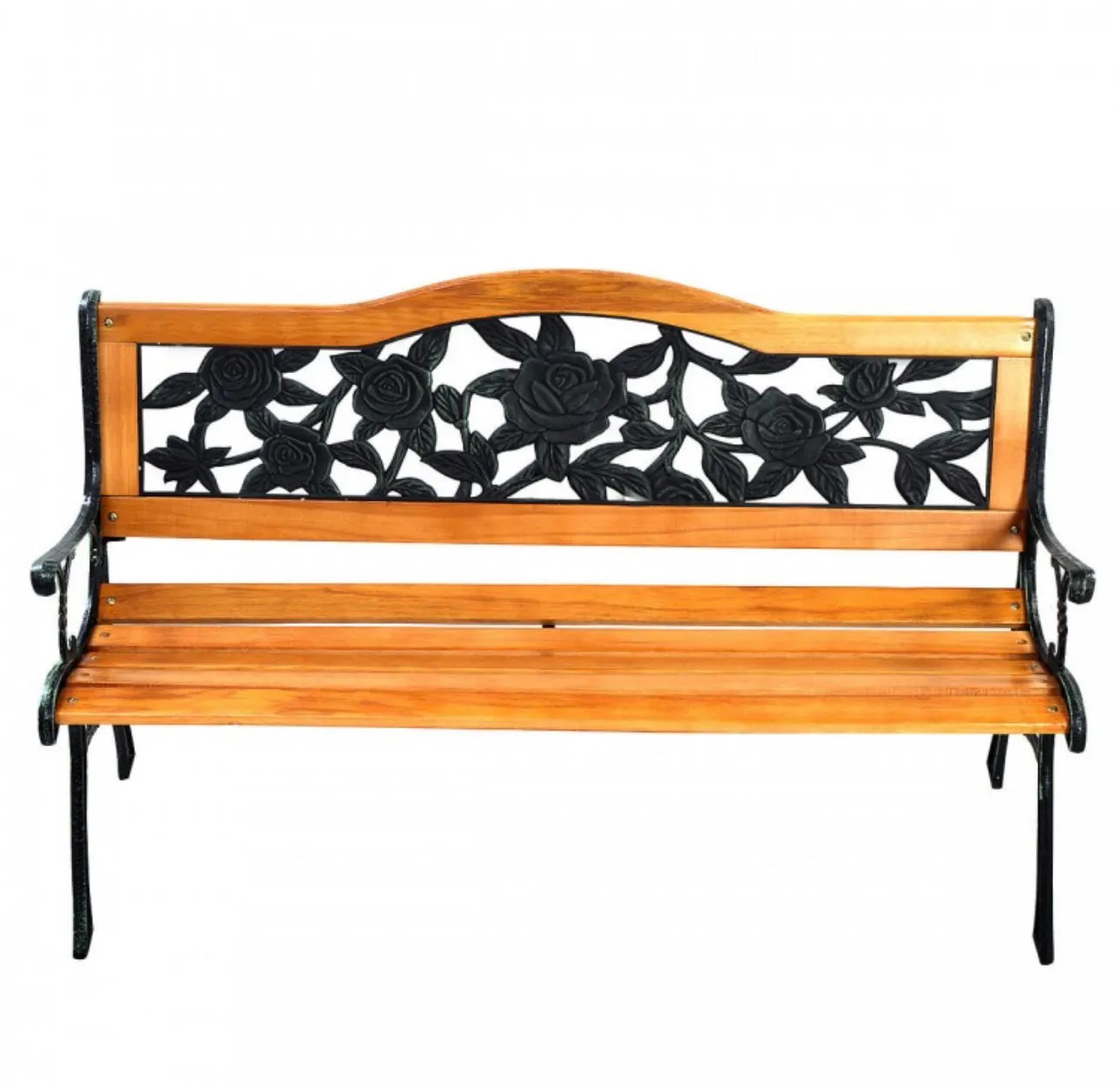 Heavy Duty Outdoor Cast Iron & Wood Patio Bench | Rose Style | Waterproof Coating | Holds 463 lbs