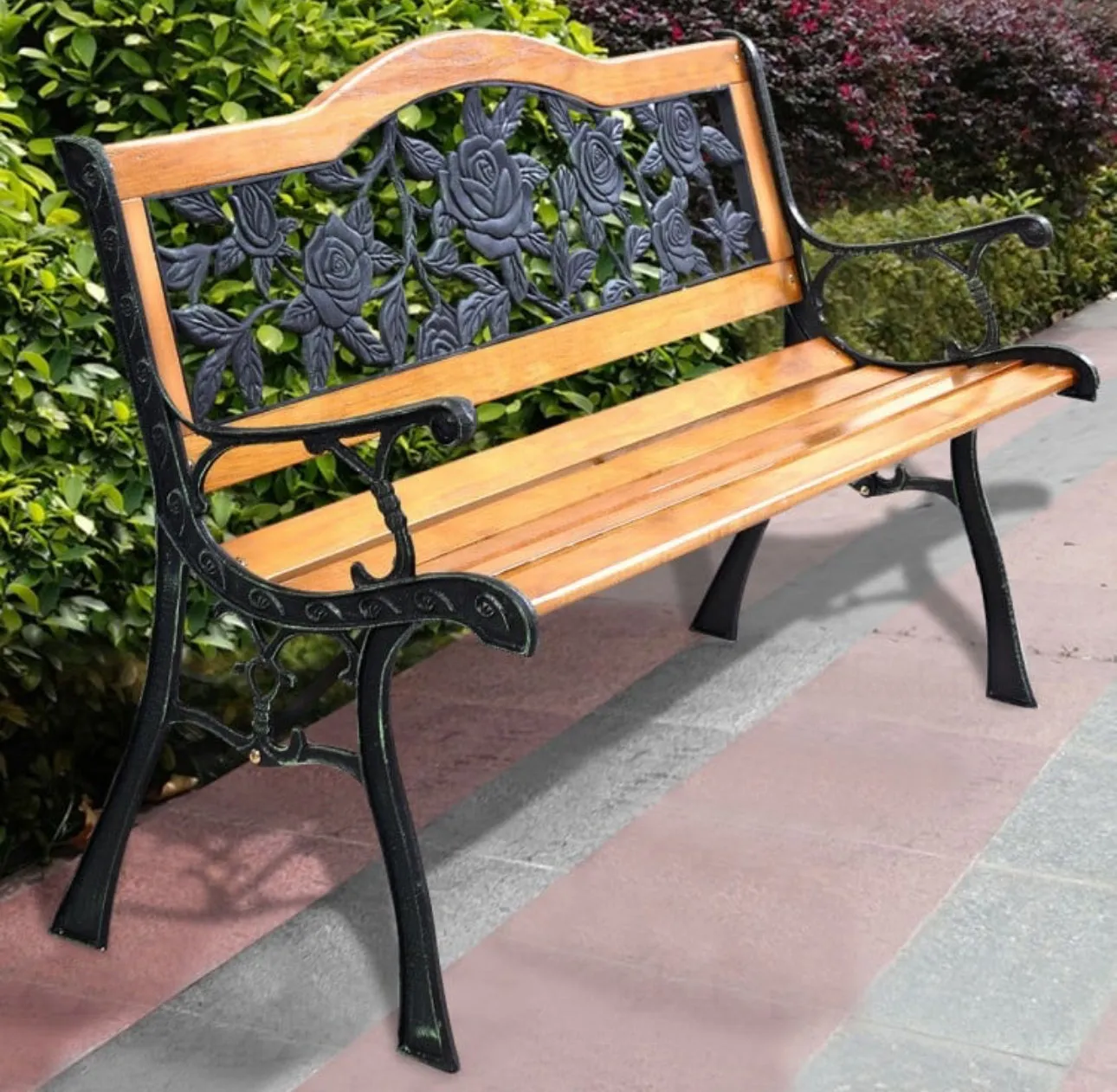 Heavy Duty Outdoor Cast Iron & Wood Patio Bench | Rose Style | Waterproof Coating | Holds 463 lbs