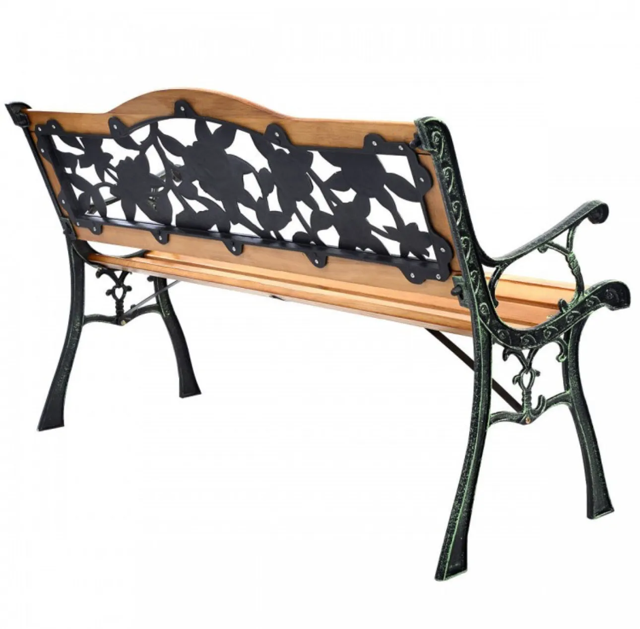 Heavy Duty Outdoor Cast Iron & Wood Patio Bench | Rose Style | Waterproof Coating | Holds 463 lbs