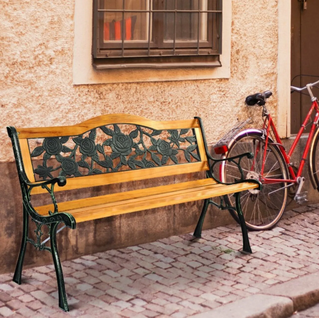 Heavy Duty Outdoor Cast Iron & Wood Patio Bench | Rose Style | Waterproof Coating | Holds 463 lbs