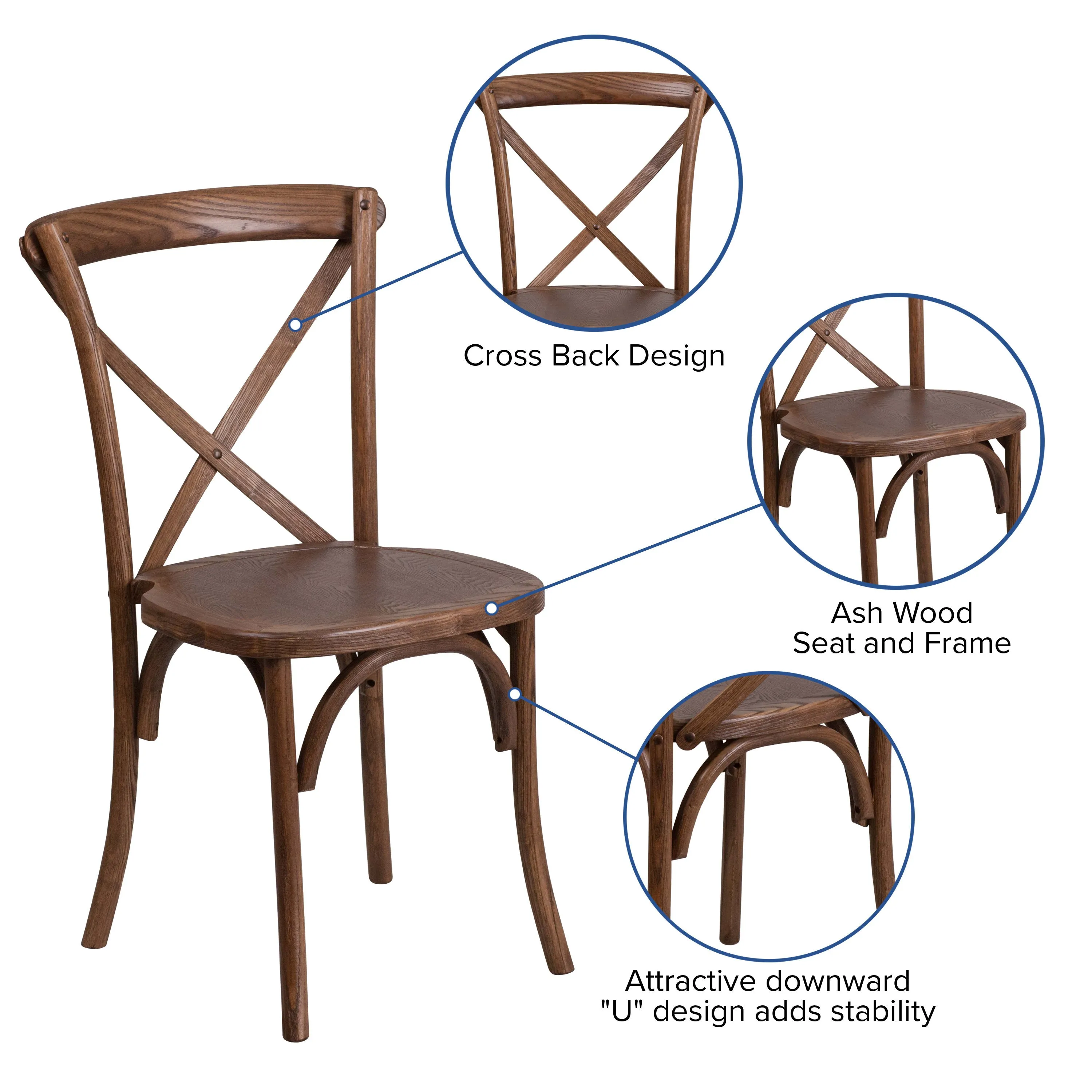 HERCULES Series 60" Round Solid Pine Folding Farm Dining Table Set with 4 Cross Back Chairs and Cushions