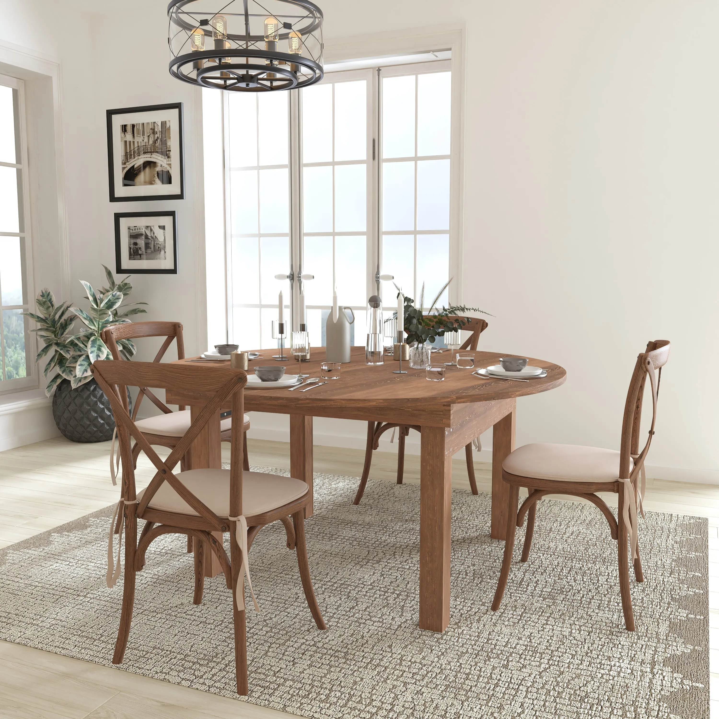 HERCULES Series 60" Round Solid Pine Folding Farm Dining Table Set with 4 Cross Back Chairs and Cushions